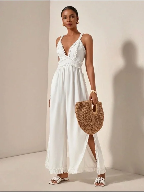 White Ruffle Trim Jumpsuit - Picture 1 of 9